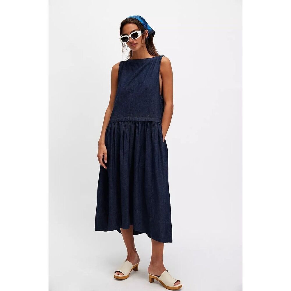 Free People Soraya Denim Midi Dress Large L NEW